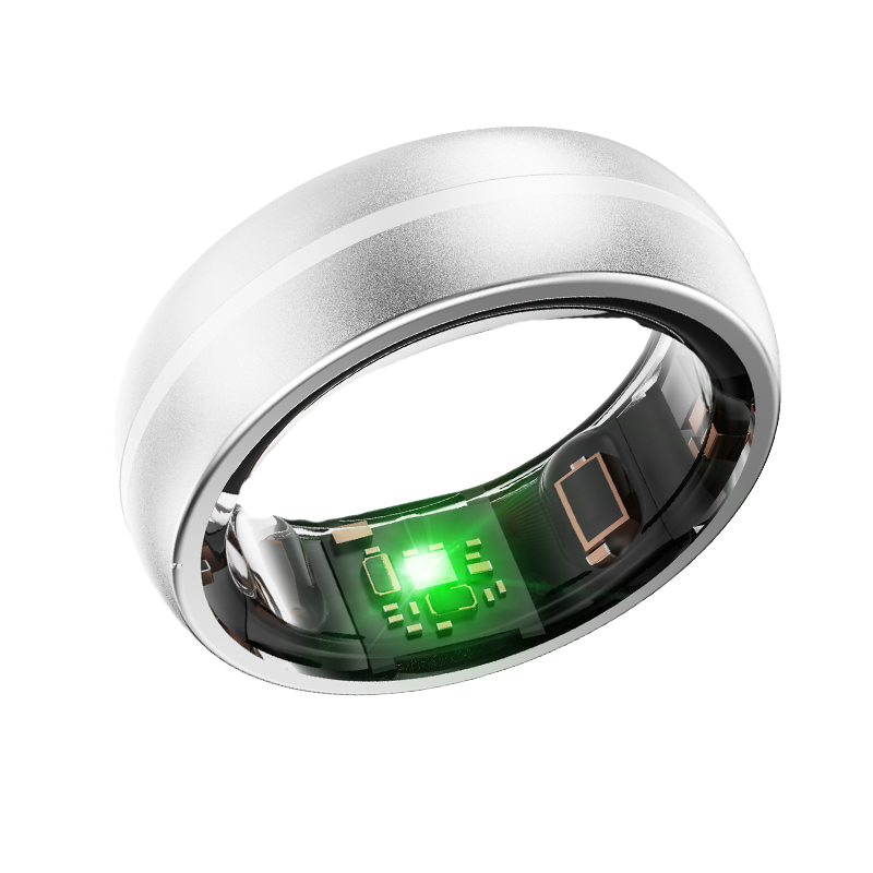 Silver aura smart ring with electronic components