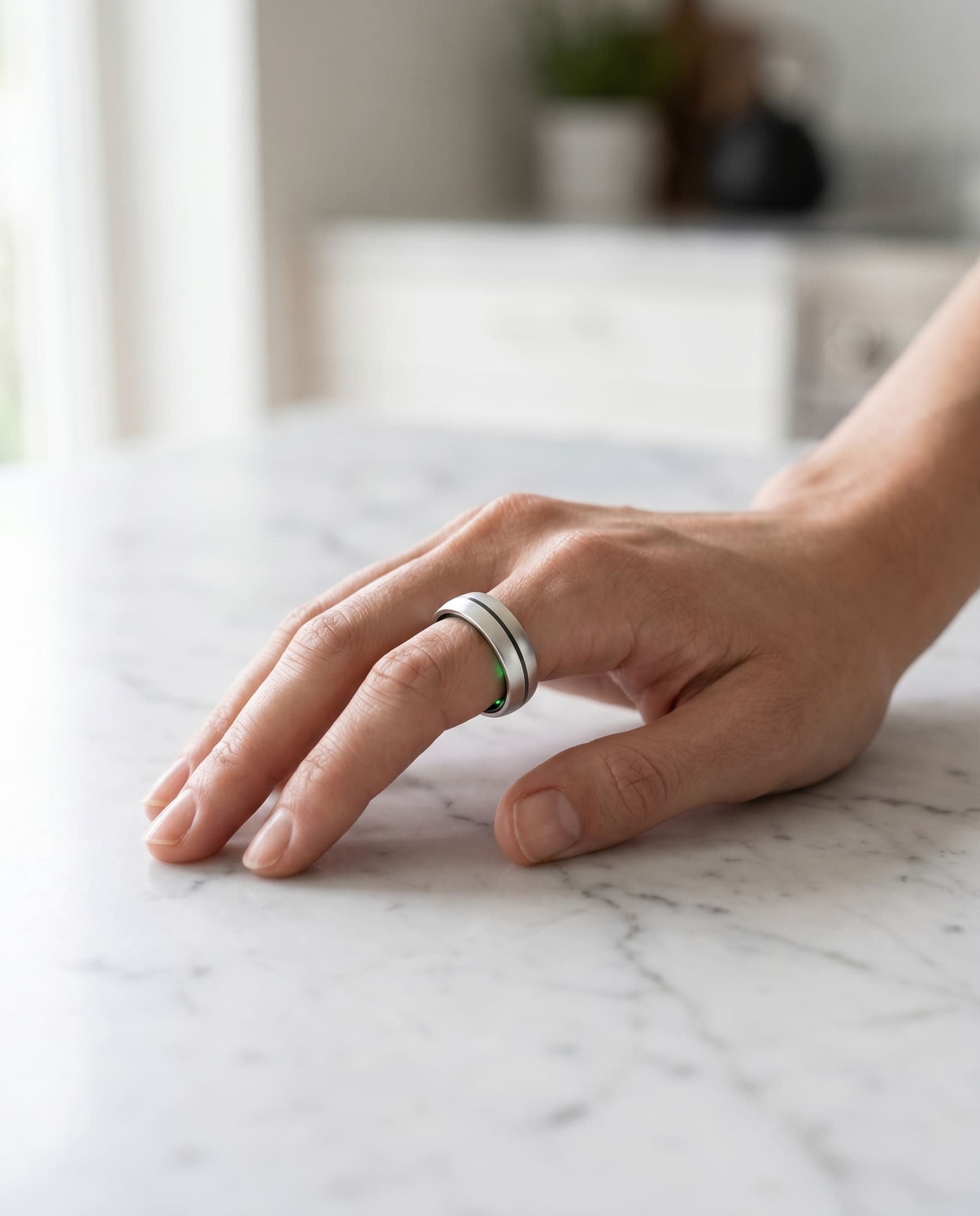 A silver Aura ring, worn naturally