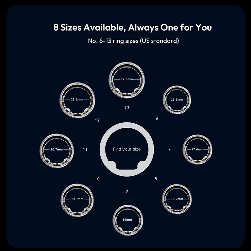 Ring size chart with 8 available sizes on a dark background