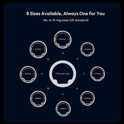 Ring size chart with 8 available sizes on a dark background