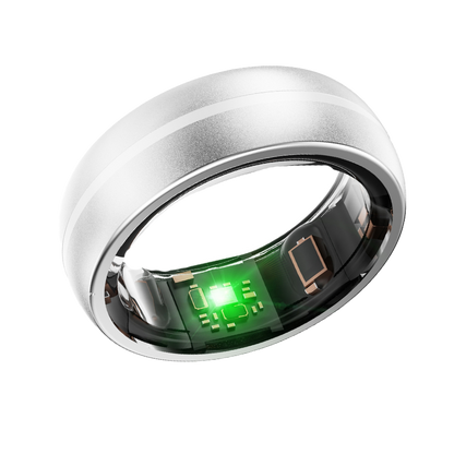 Silver aura smart ring with electronic components