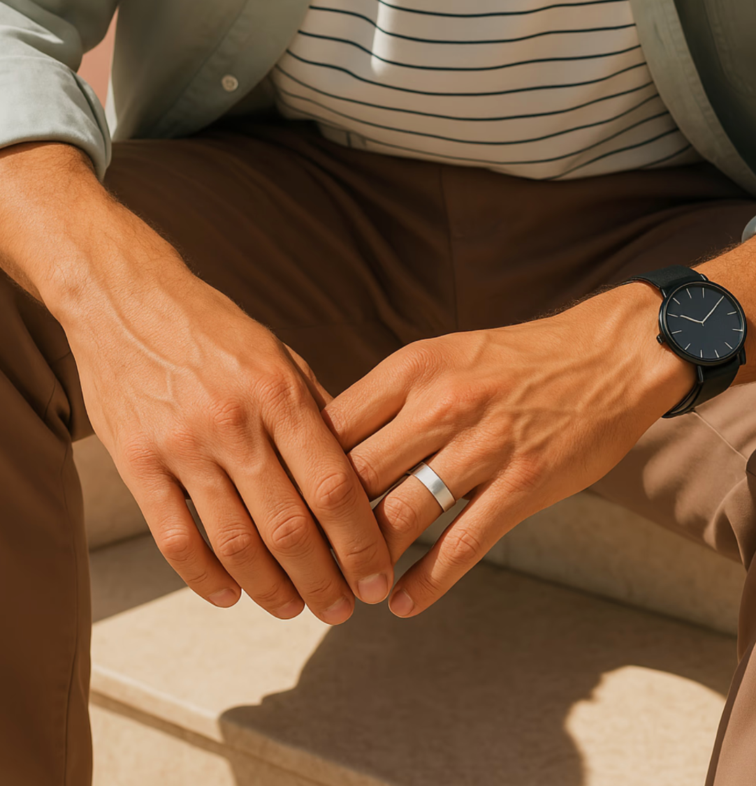 Man wearing silver aura ring pro 