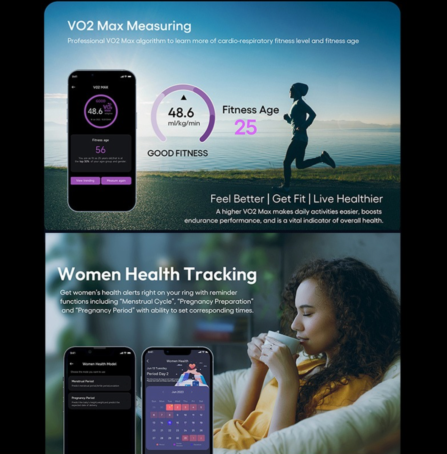 Fitness app interface with VO2 Max measurement and women's health tracking features.
