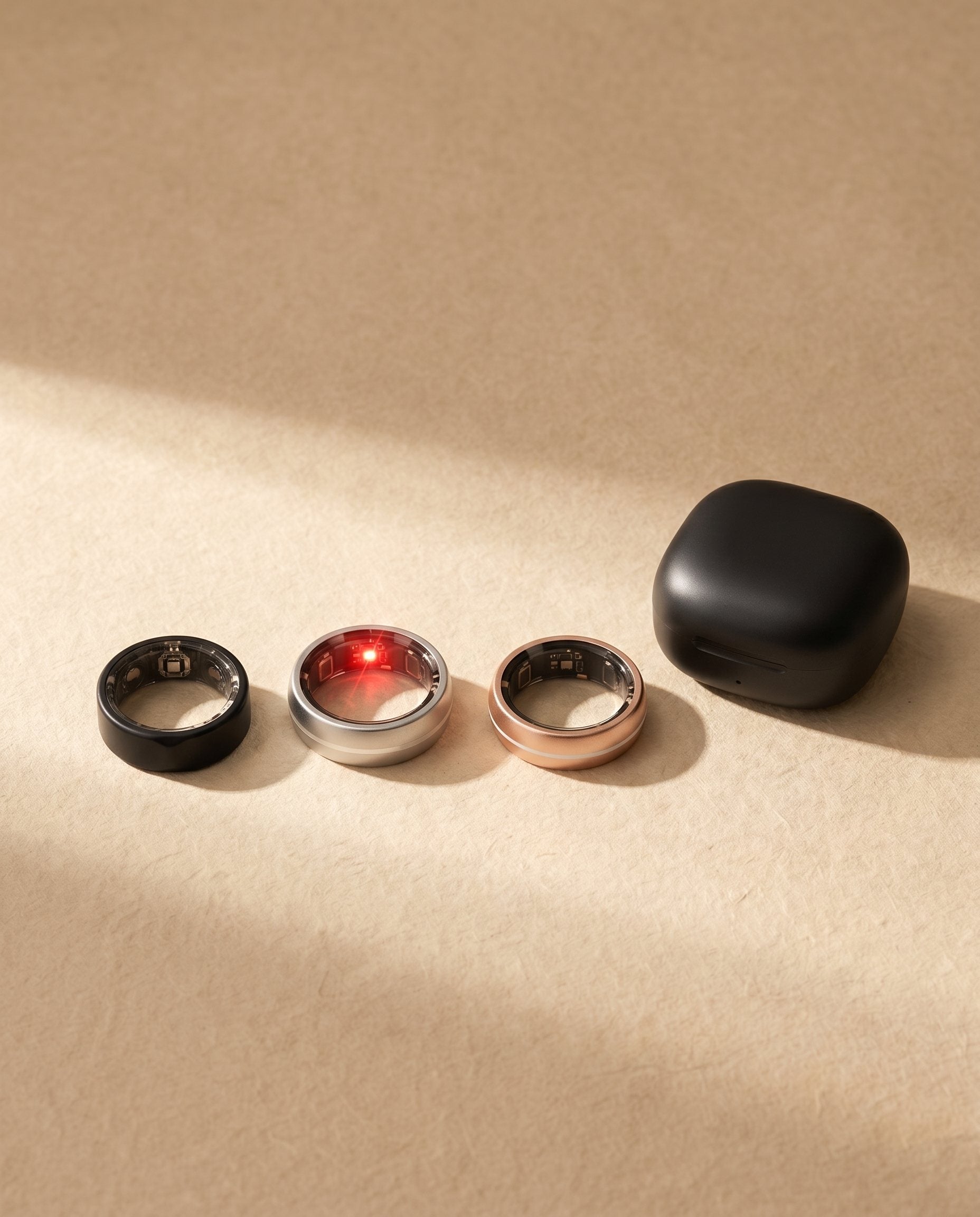 The three Aura ring colorways and the matte black charging case.